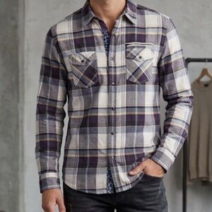 Guess Men's Button Front Shirt Purple Plaid Size M Flip Cuff Long Sleeve Cotton